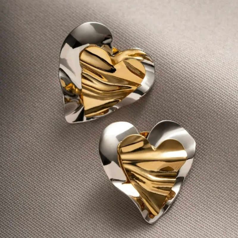 Brincos Coração Duplo Wavy Bicolor: